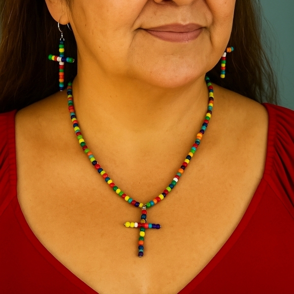 Seed Bead Colorful Rainbow Cross Pendant Necklace Earrings Set - Picture 1 of 5